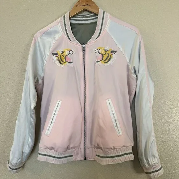 Hollister Bomber Jacket Womens Medium Pink Embroidered Tiger Reversible Zip Up - Picture 10 of 14